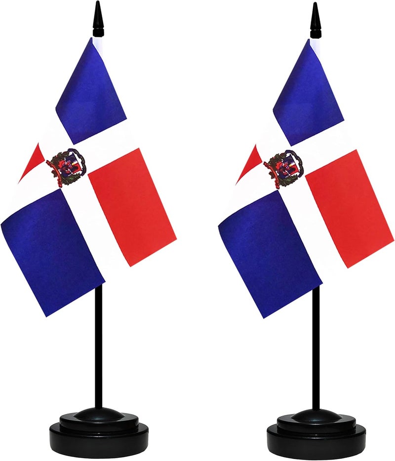 BCLin Dominica Desk Flag Set, 2 Pack Dominican Table Office Flags, Small Mini Desktop Flag With 12" Solid Black Pole, Black Base, Miniature Desktop Flag - Image 1